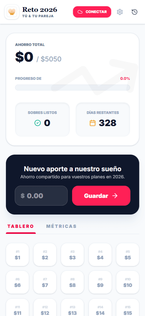 App de reto de ahorro para parejas con tablero, aportes y sobres para objetivos de 2026