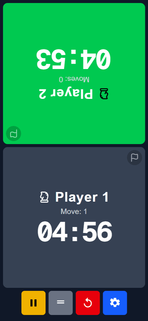 Reloj de ajedrez PWA para dos jugadores con interfaz táctil, modo offline y diseño completo de extremo a extremo. Jugadores sentados frente a frente con paneles invertidos.
